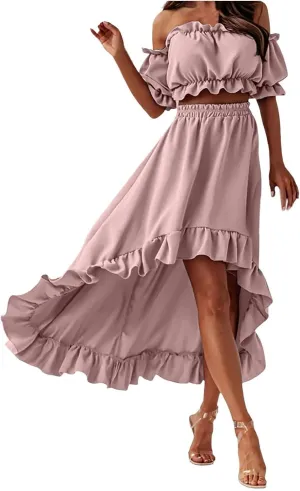 Skirts Sets Women 2 Piece Outfits Summer Off Shoulder Ruffle Trim Puff Sleeve Tube Crop High Waist Flowy Maxi Skirt
