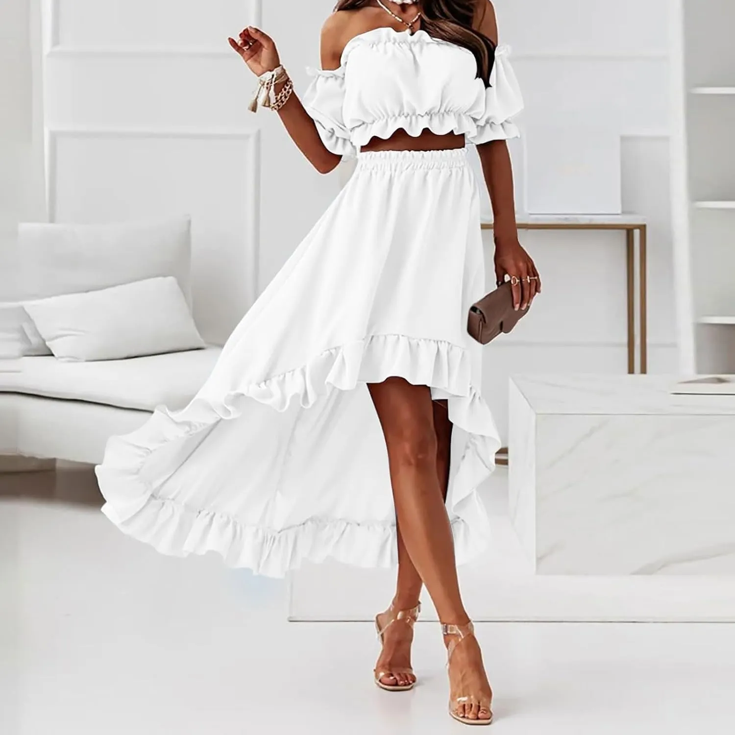 Skirts Sets Women 2 Piece Outfits Summer Off Shoulder Ruffle Trim Puff Sleeve Tube Crop High Waist Flowy Maxi Skirt