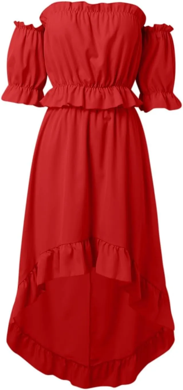 Skirts Sets Women 2 Piece Outfits Summer Off Shoulder Ruffle Trim Puff Sleeve Tube Crop High Waist Flowy Maxi Skirt