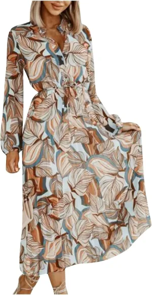 Spanish Style Dress for Women Banded Collar Pleated Midi Dress Button Up Long Sleeve with Belt