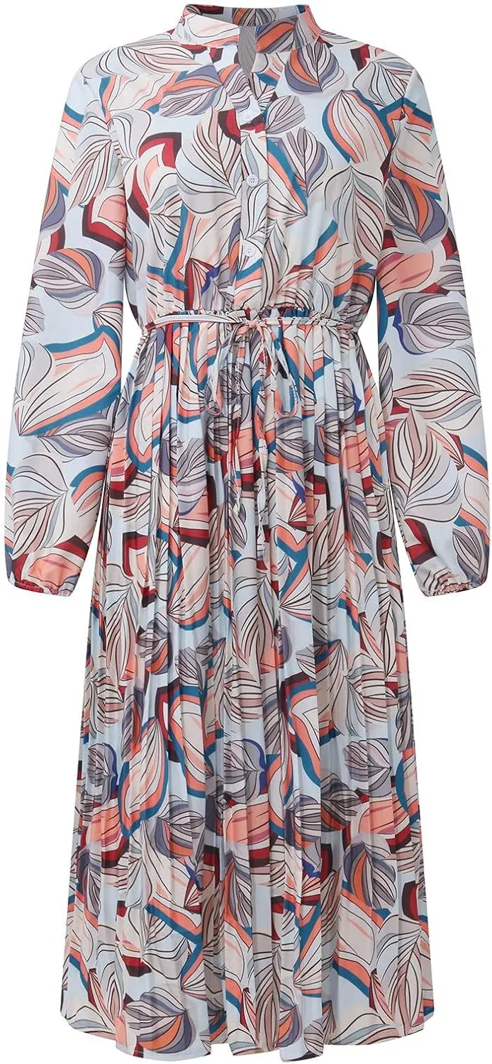 Spanish Style Dress for Women Banded Collar Pleated Midi Dress Button Up Long Sleeve with Belt