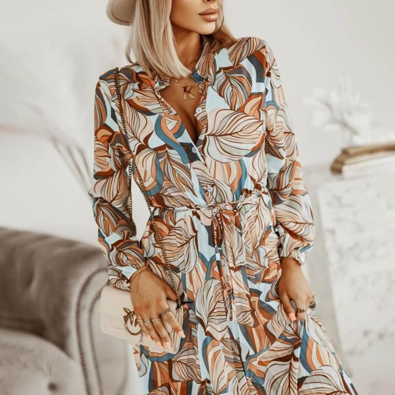 Spanish Style Dress for Women Banded Collar Pleated Midi Dress Button Up Long Sleeve with Belt