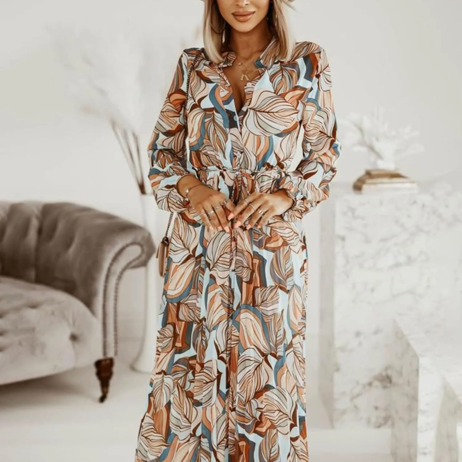 Spanish Style Dress for Women Banded Collar Pleated Midi Dress Button Up Long Sleeve with Belt