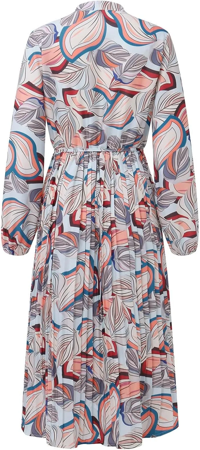 Spanish Style Dress for Women Banded Collar Pleated Midi Dress Button Up Long Sleeve with Belt