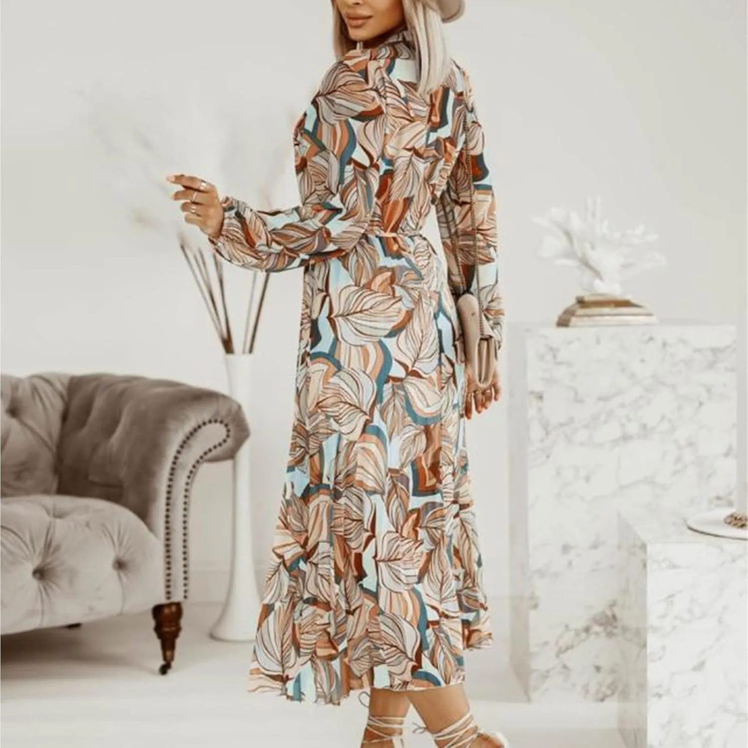 Spanish Style Dress for Women Banded Collar Pleated Midi Dress Button Up Long Sleeve with Belt