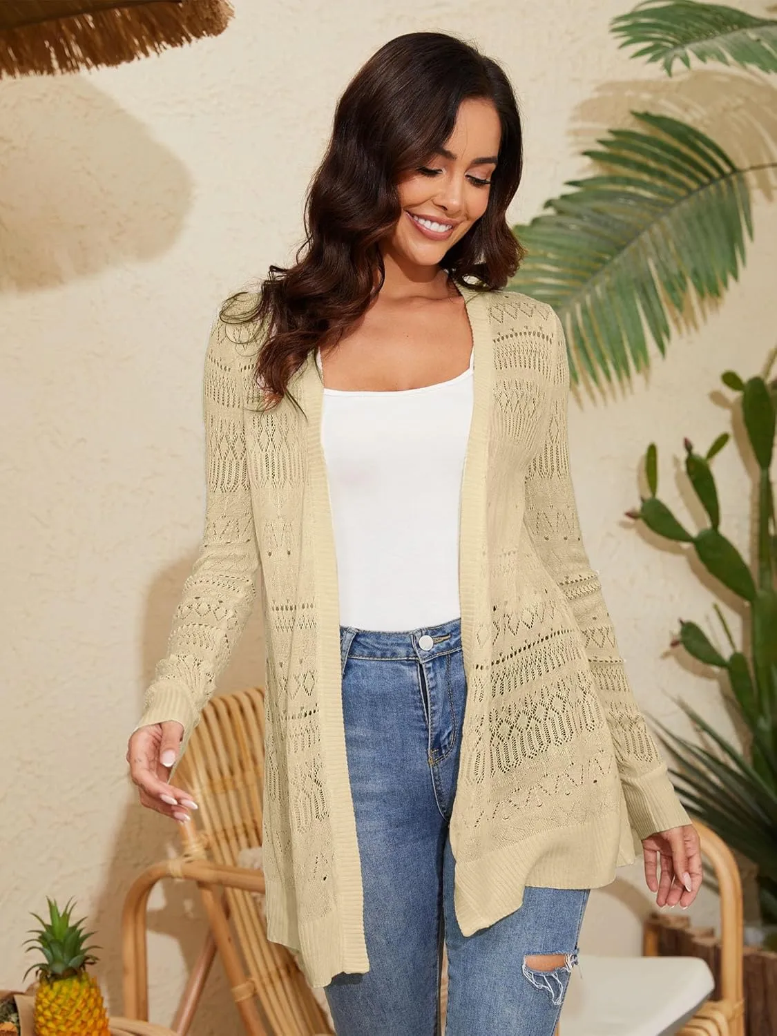 Spicy Sandia Womens Lightweight Crochet Cardigan Long Sleeve Boho Summer Sweater Beach Vacation Trendy Outfit