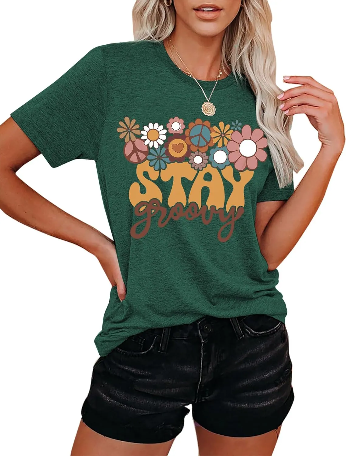 Stay Groovy Shirt for Womens:Hippie 70s T-Shirt Cute Hippie 70s T-Shirt Casual Short Sleeve Tee Tops