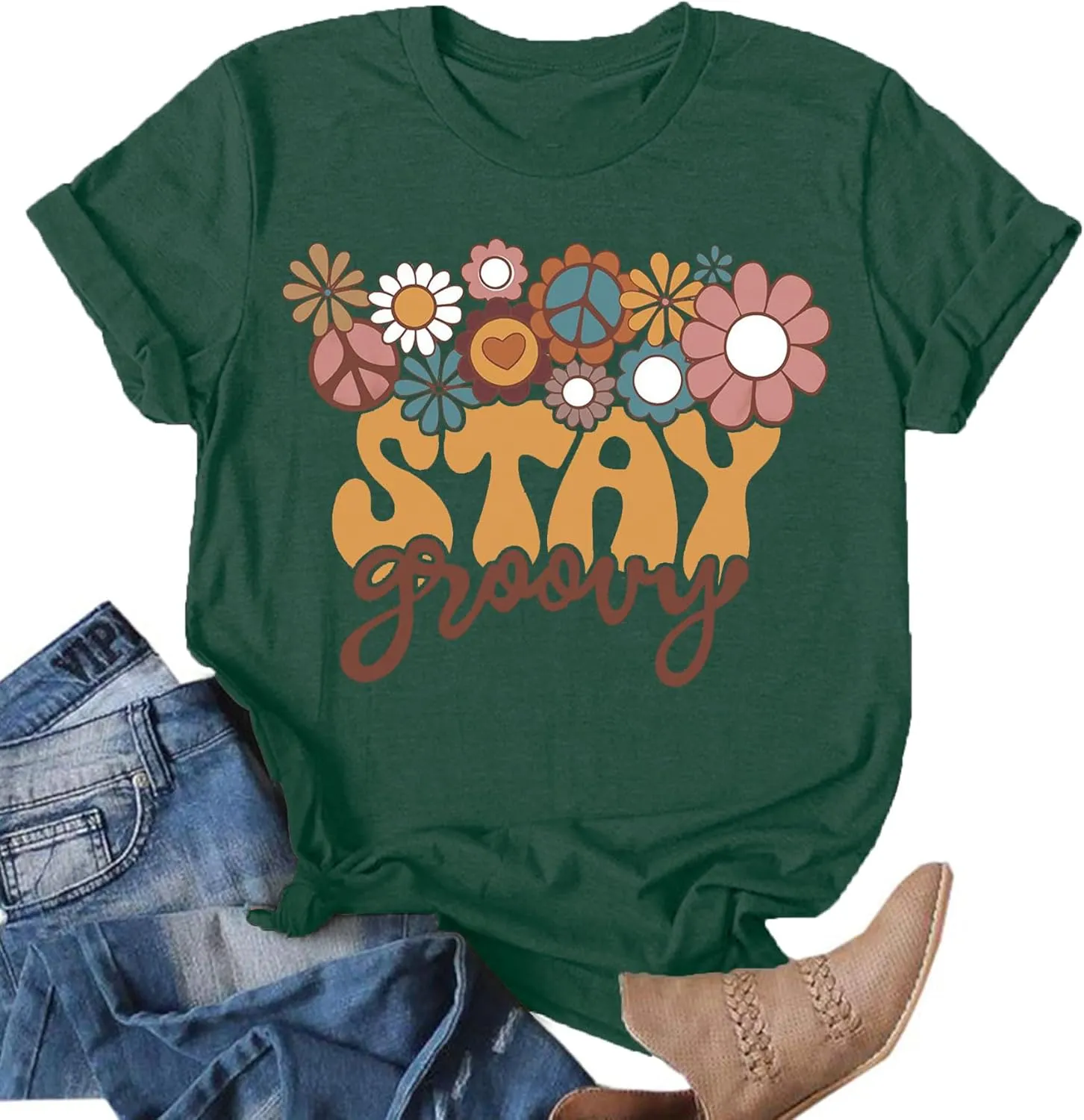 Stay Groovy Shirt for Womens:Hippie 70s T-Shirt Cute Hippie 70s T-Shirt Casual Short Sleeve Tee Tops