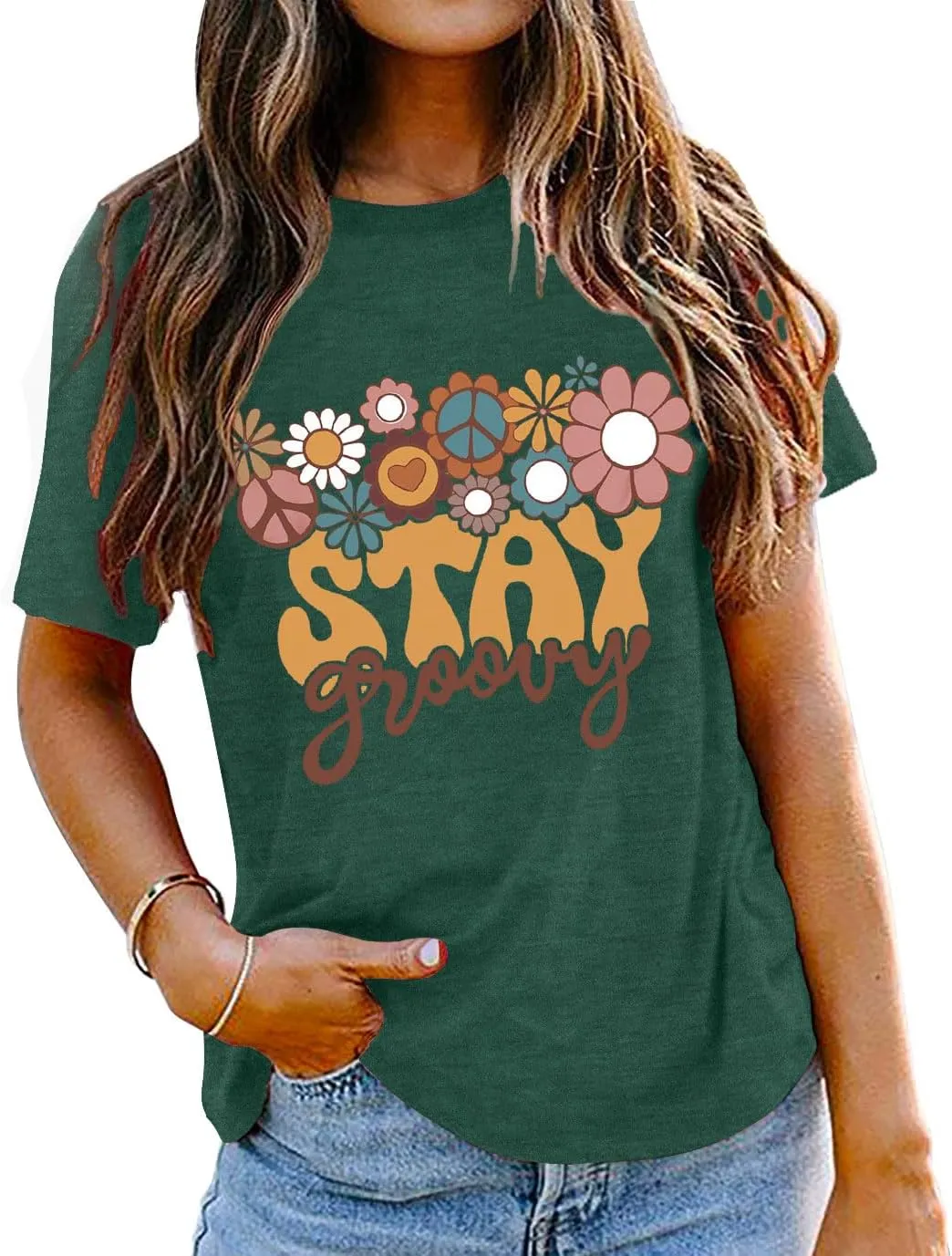 Stay Groovy Shirt for Womens:Hippie 70s T-Shirt Cute Hippie 70s T-Shirt Casual Short Sleeve Tee Tops