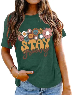 Stay Groovy Shirt for Womens:Hippie 70s T-Shirt Cute Hippie 70s T-Shirt Casual Short Sleeve Tee Tops