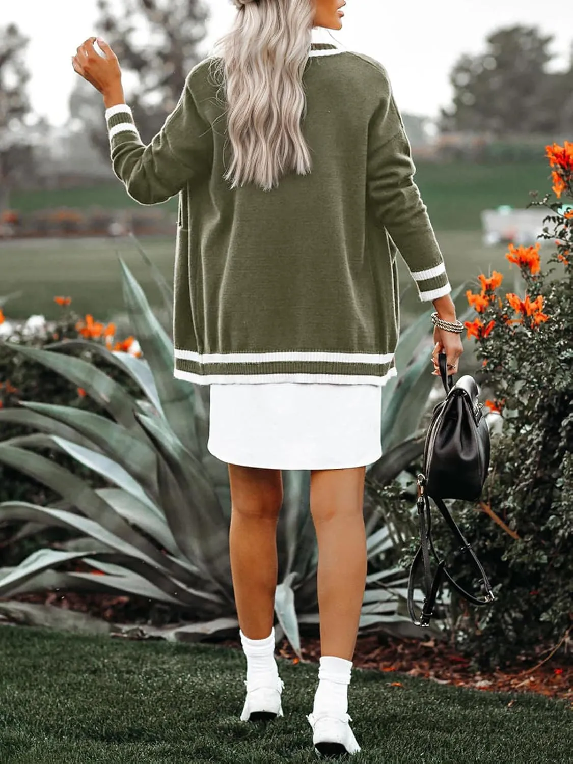 Striped Cardigan Sweaters for Women Knit Open Front Long Cardigan Colorblock Varsity Trendy Tennis Cardigan with Pockets