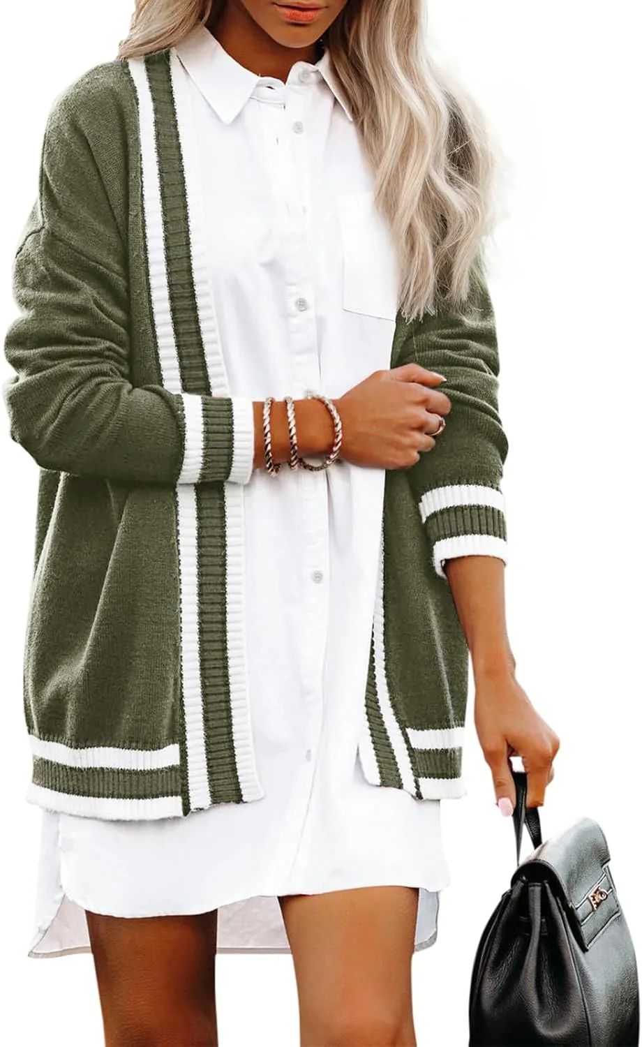 Striped Cardigan Sweaters for Women Knit Open Front Long Cardigan Colorblock Varsity Trendy Tennis Cardigan with Pockets
