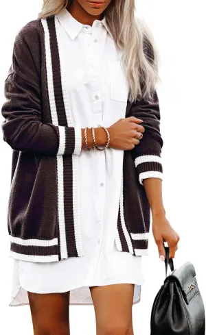 Striped Cardigan Sweaters for Women Knit Open Front Long Cardigan Colorblock Varsity Trendy Tennis Cardigan with Pockets