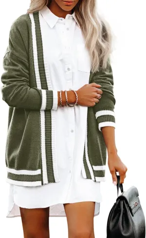 Striped Cardigan Sweaters for Women Knit Open Front Long Cardigan Colorblock Varsity Trendy Tennis Cardigan with Pockets