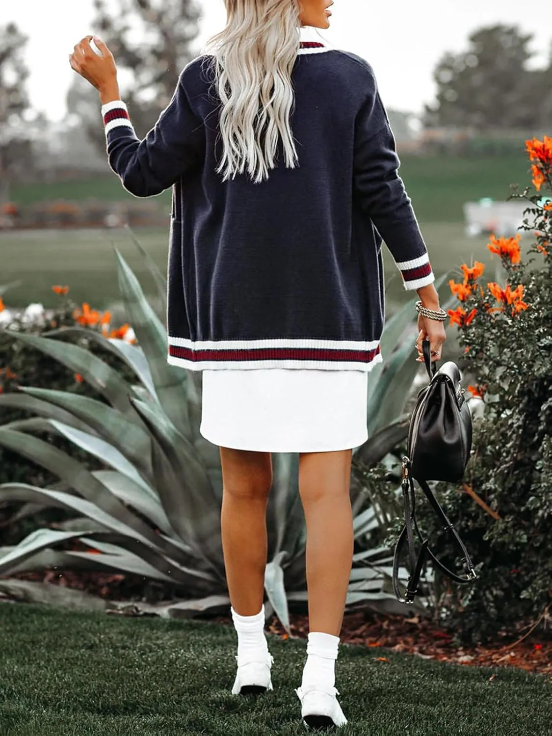 Striped Cardigan Sweaters for Women Knit Open Front Long Cardigan Colorblock Varsity Trendy Tennis Cardigan with Pockets
