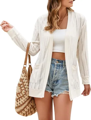 STYLEWORD Women's 2025 Summer Fashion Cardigan Lightweight Boho Knit Hollow Beach Cover Up Kimonos Open Front with Pockets