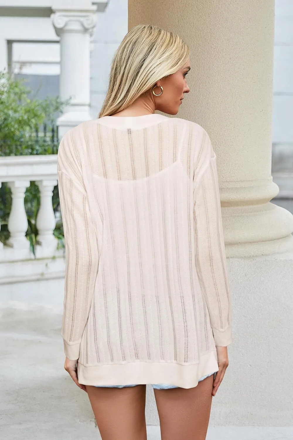 STYLEWORD Women's 2025 Summer Fashion Cardigan Lightweight Boho Knit Hollow Beach Cover Up Kimonos Open Front with Pockets