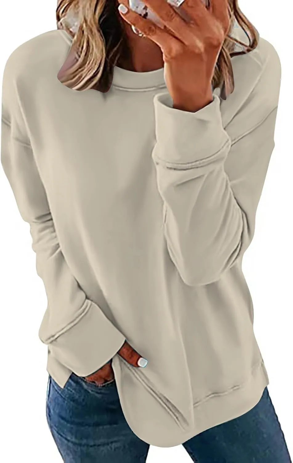 Sweater for Women Round Neck Long Sleeve Sweatshirt Casual Loose Fit Solid Colour Trendy Fall Pullover Tops 2024