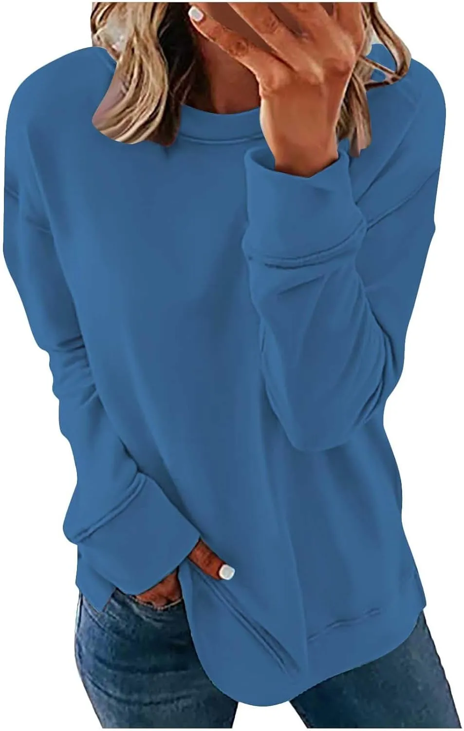 Sweater for Women Round Neck Long Sleeve Sweatshirt Casual Loose Fit Solid Colour Trendy Fall Pullover Tops 2024