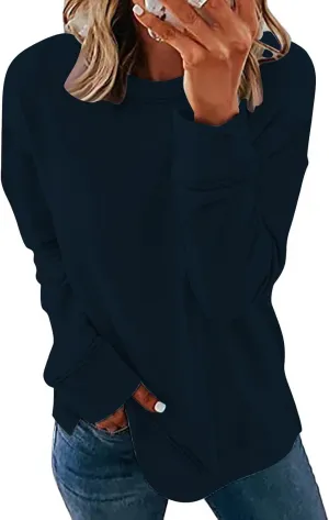 Sweater for Women Round Neck Long Sleeve Sweatshirt Casual Loose Fit Solid Colour Trendy Fall Pullover Tops 2024