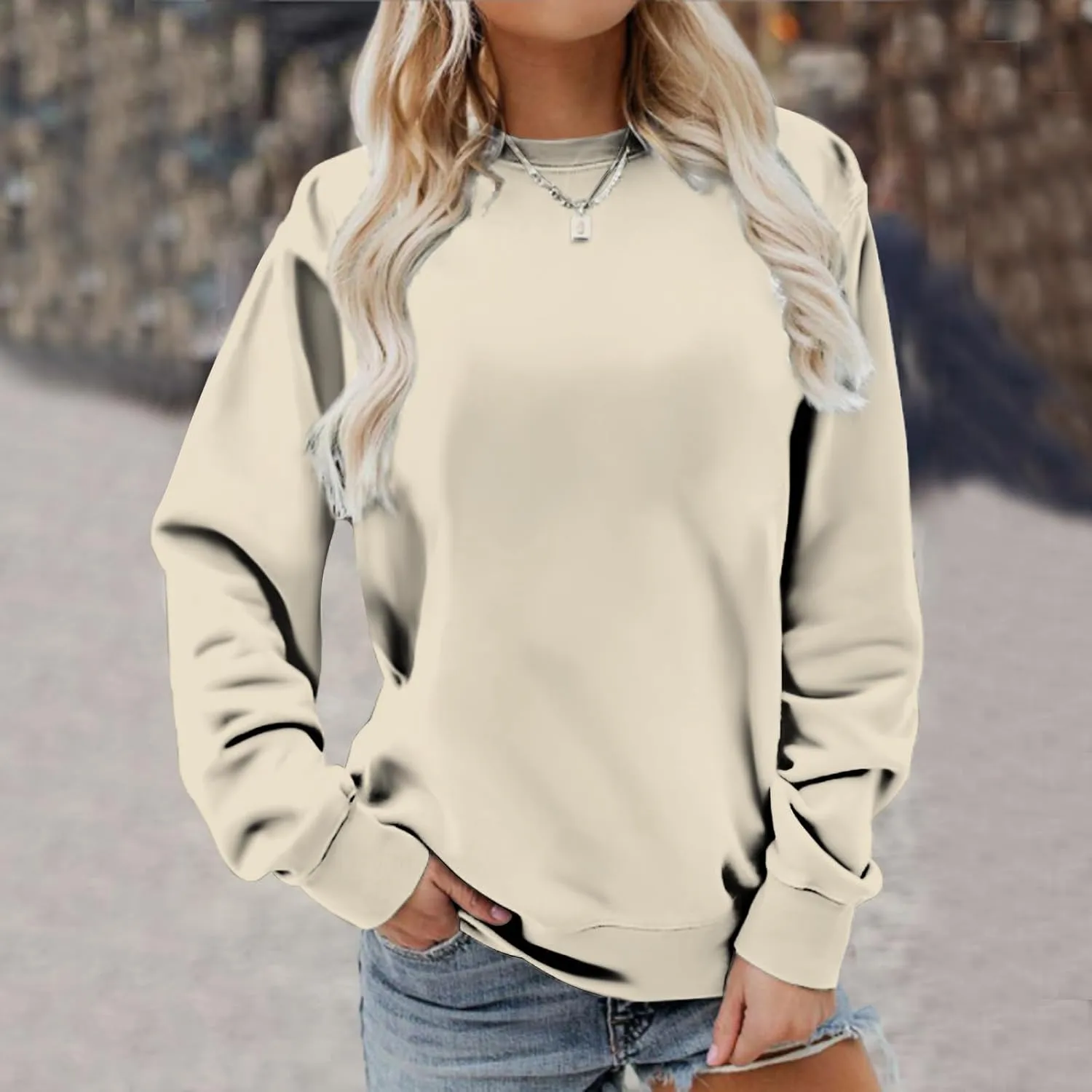 Sweater for Women Round Neck Long Sleeve Sweatshirt Casual Loose Fit Solid Colour Trendy Fall Pullover Tops 2024