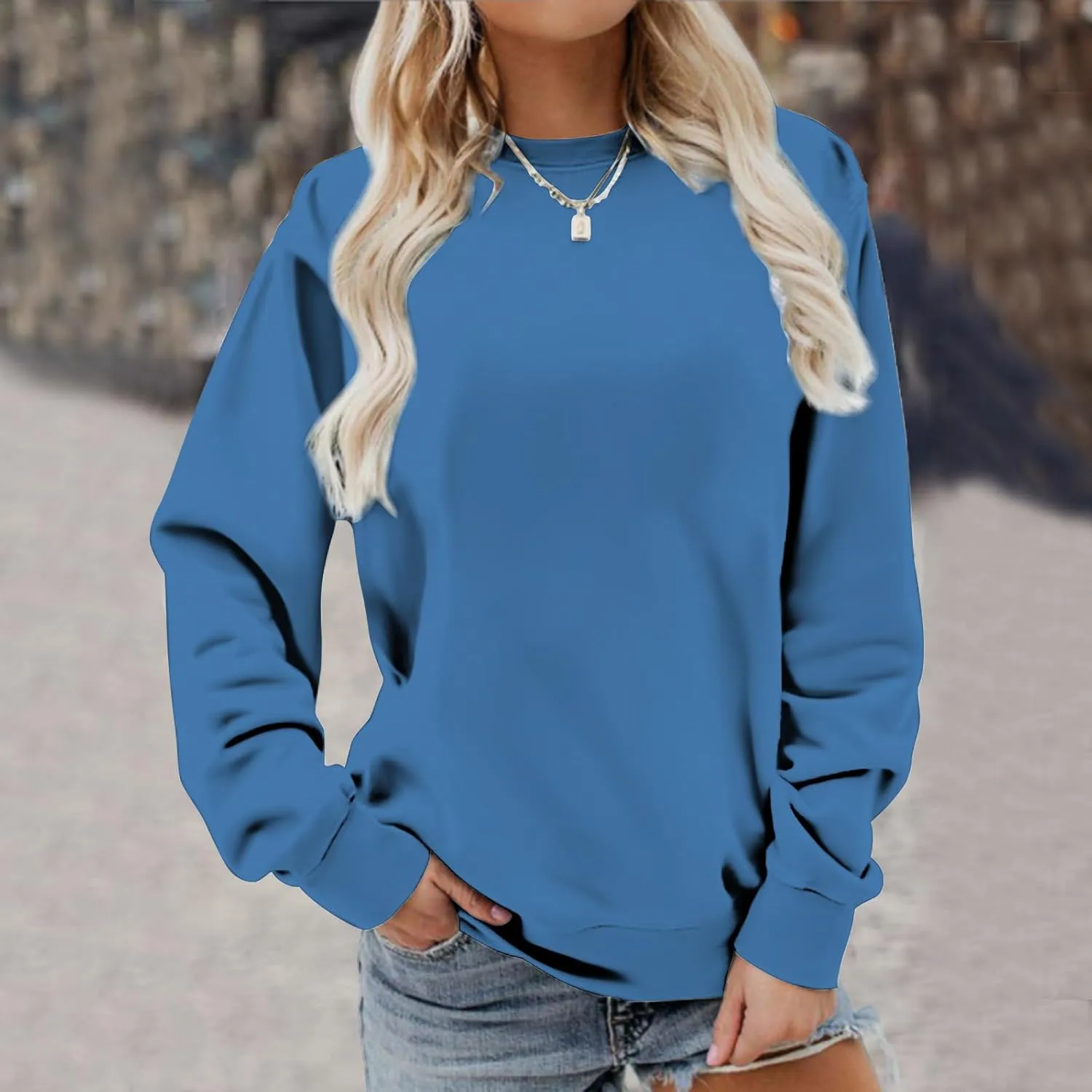 Sweater for Women Round Neck Long Sleeve Sweatshirt Casual Loose Fit Solid Colour Trendy Fall Pullover Tops 2024