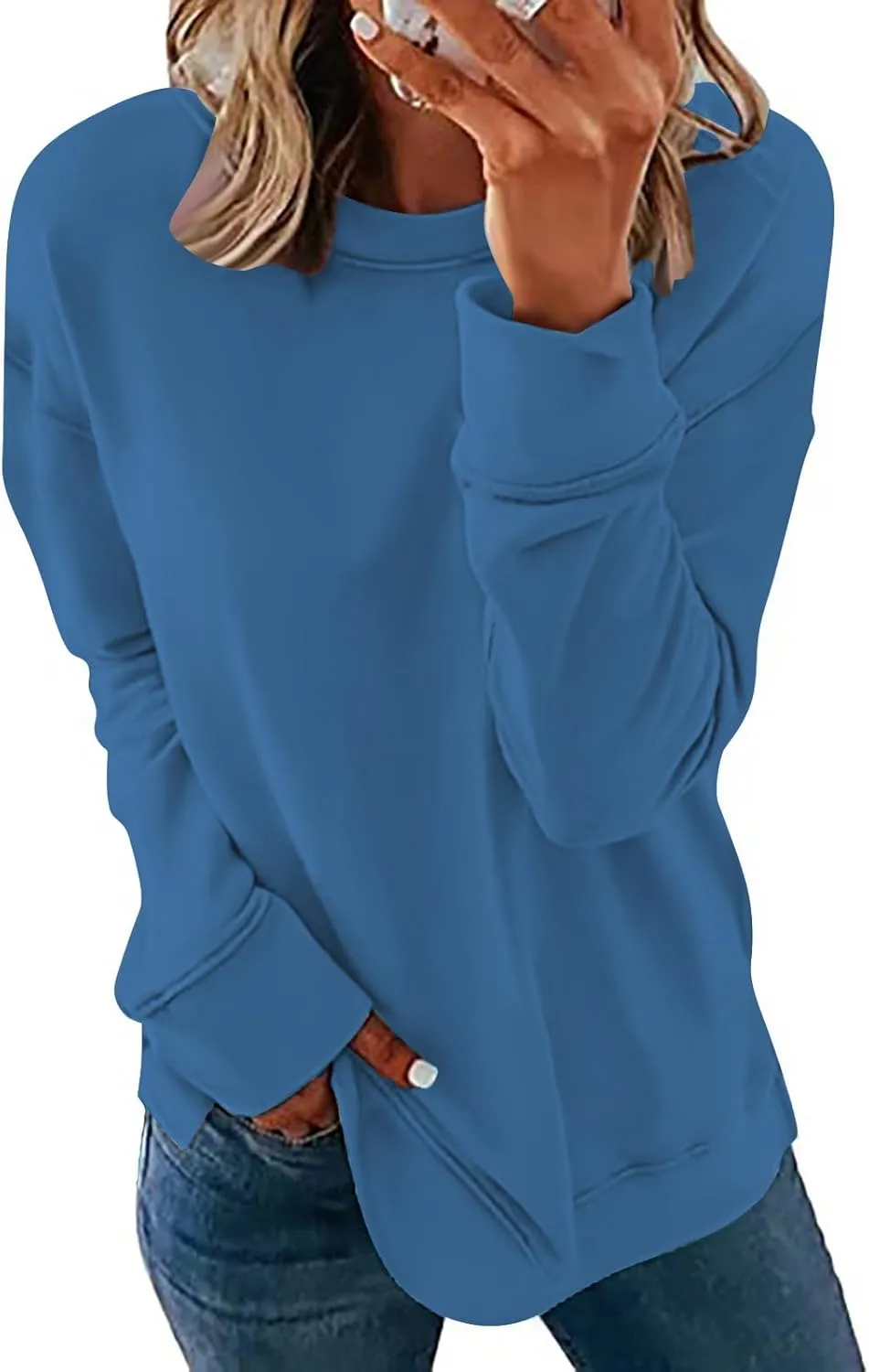 Sweater for Women Round Neck Long Sleeve Sweatshirt Casual Loose Fit Solid Colour Trendy Fall Pullover Tops 2024