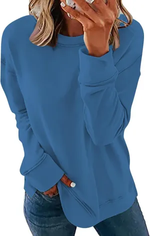 Sweater for Women Round Neck Long Sleeve Sweatshirt Casual Loose Fit Solid Colour Trendy Fall Pullover Tops 2024