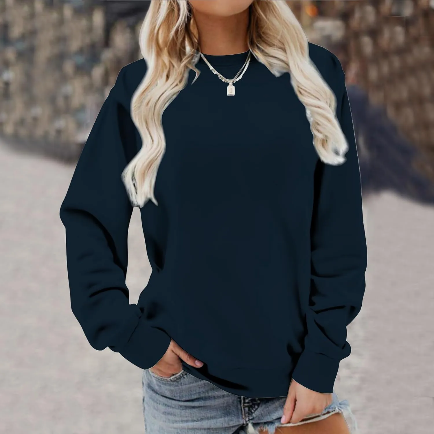 Sweater for Women Round Neck Long Sleeve Sweatshirt Casual Loose Fit Solid Colour Trendy Fall Pullover Tops 2024