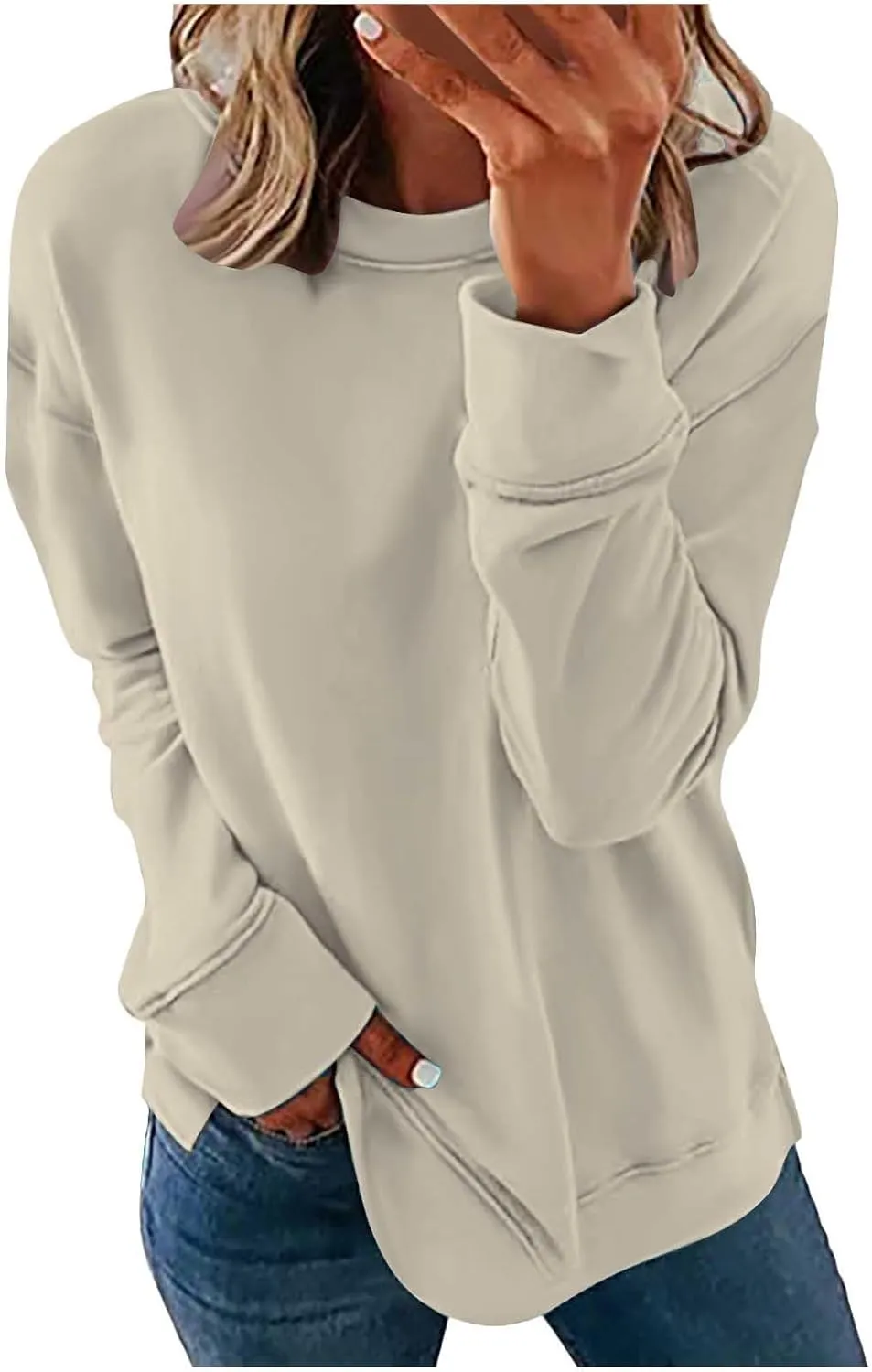 Sweater for Women Round Neck Long Sleeve Sweatshirt Casual Loose Fit Solid Colour Trendy Fall Pullover Tops 2024