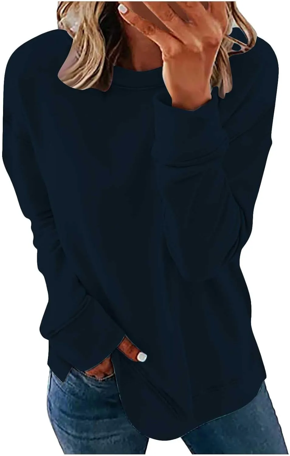 Sweater for Women Round Neck Long Sleeve Sweatshirt Casual Loose Fit Solid Colour Trendy Fall Pullover Tops 2024