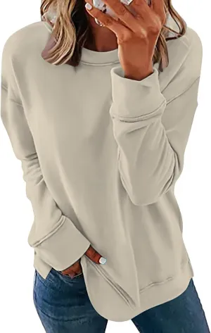 Sweater for Women Round Neck Long Sleeve Sweatshirt Casual Loose Fit Solid Colour Trendy Fall Pullover Tops 2024