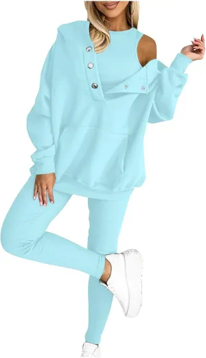 Sweatsuit Set for Women 3 Piece Oversized Outfits Button Hoodie Tank Top Long Pants Matching Lounge Set