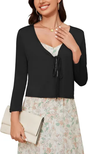 Tie Front Cropped Cardigan Sweaters for Women 3/4 Sleeve Lightweight Open Front Knit Shrug Top for Dress