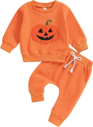 Toddler Baby Boy Girl Halloween Outfit Pumpkin Embroidery Crewneck Sweatshirt Fleece Pants Set Fall Winter Clothes