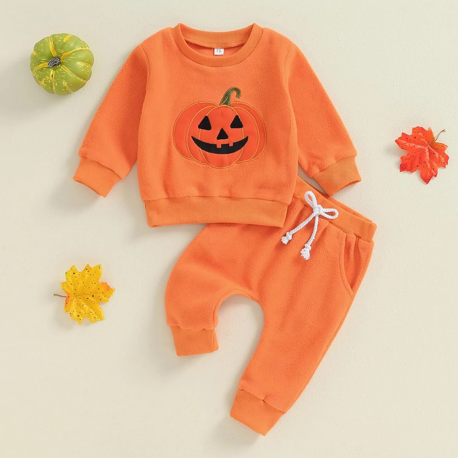 Toddler Baby Boy Girl Halloween Outfit Pumpkin Embroidery Crewneck Sweatshirt Fleece Pants Set Fall Winter Clothes