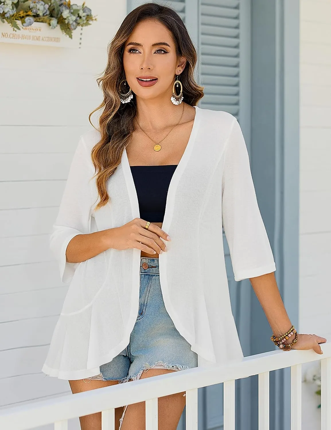 Totatuit Womens 3/4 Sleeve Lightweight Cardigan Open Front Kimono Summer Ruffle Loose Cardigans