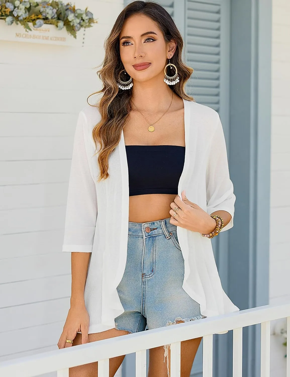 Totatuit Womens 3/4 Sleeve Lightweight Cardigan Open Front Kimono Summer Ruffle Loose Cardigans