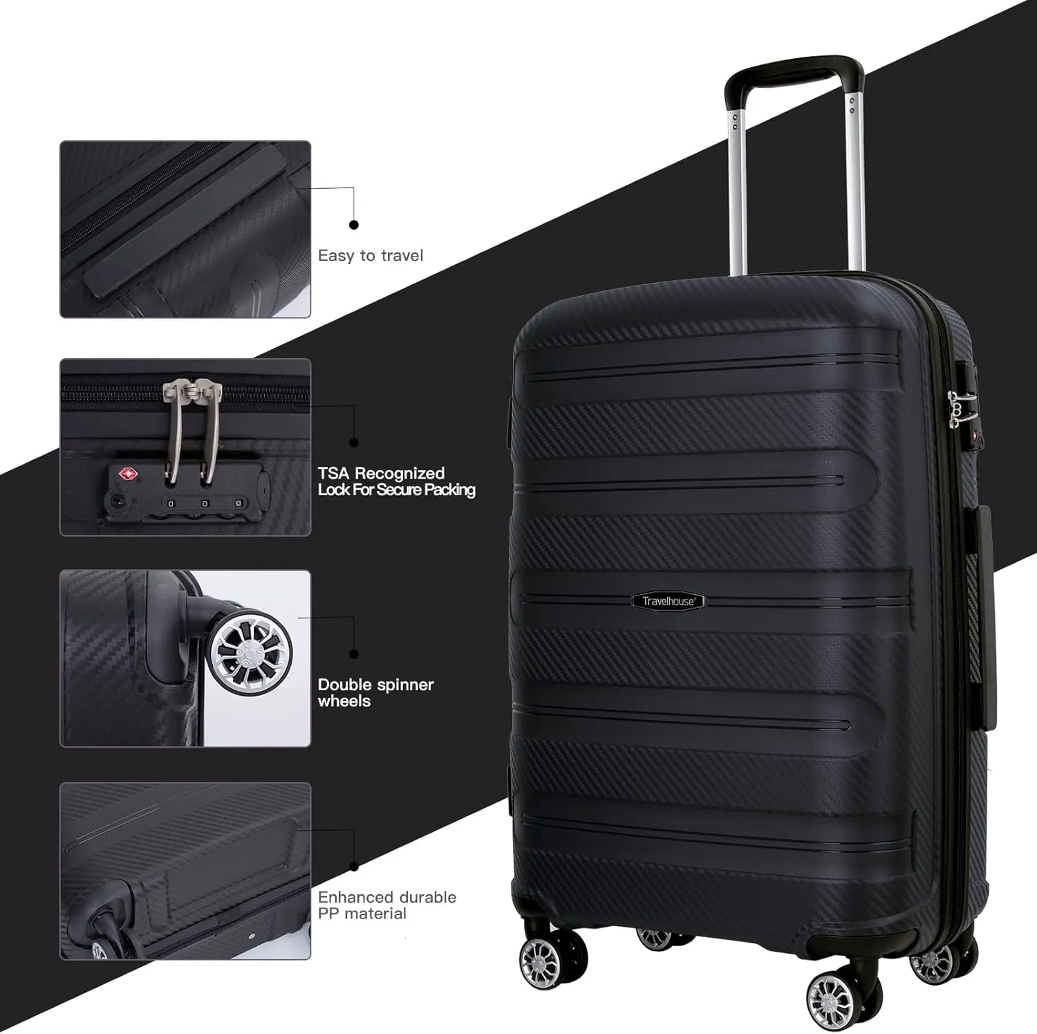 Travelhouse hardshell 3 Piece Set, PP Hard Wheel Suitcase Set with Spinner Wheels, TSA Lock, 202428 Women's Luggage Set (black)