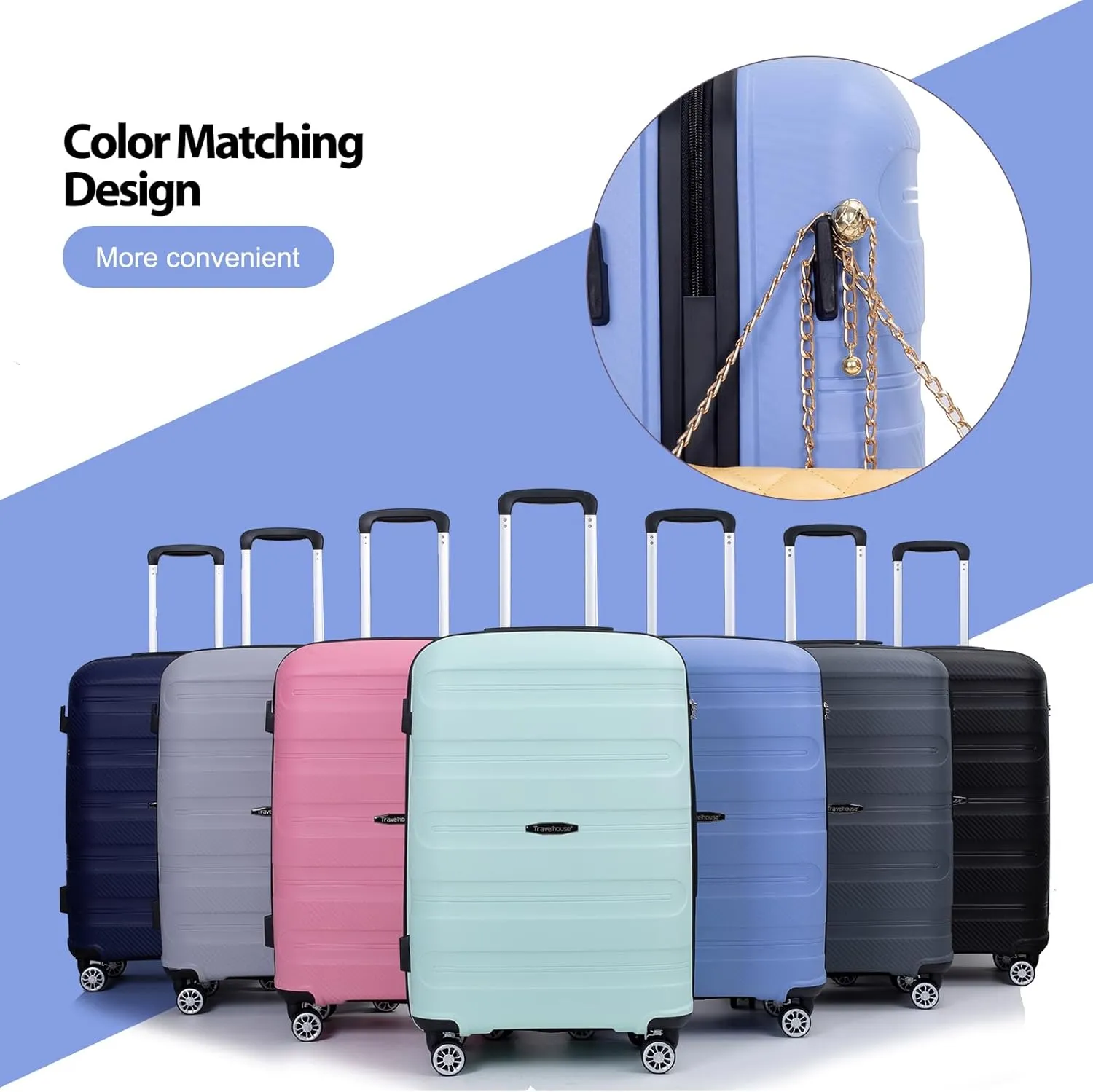 Travelhouse hardshell 3 Piece Set, PP Hard Wheel Suitcase Set with Spinner Wheels, TSA Lock, 202428 Women's Luggage Set (Blue)