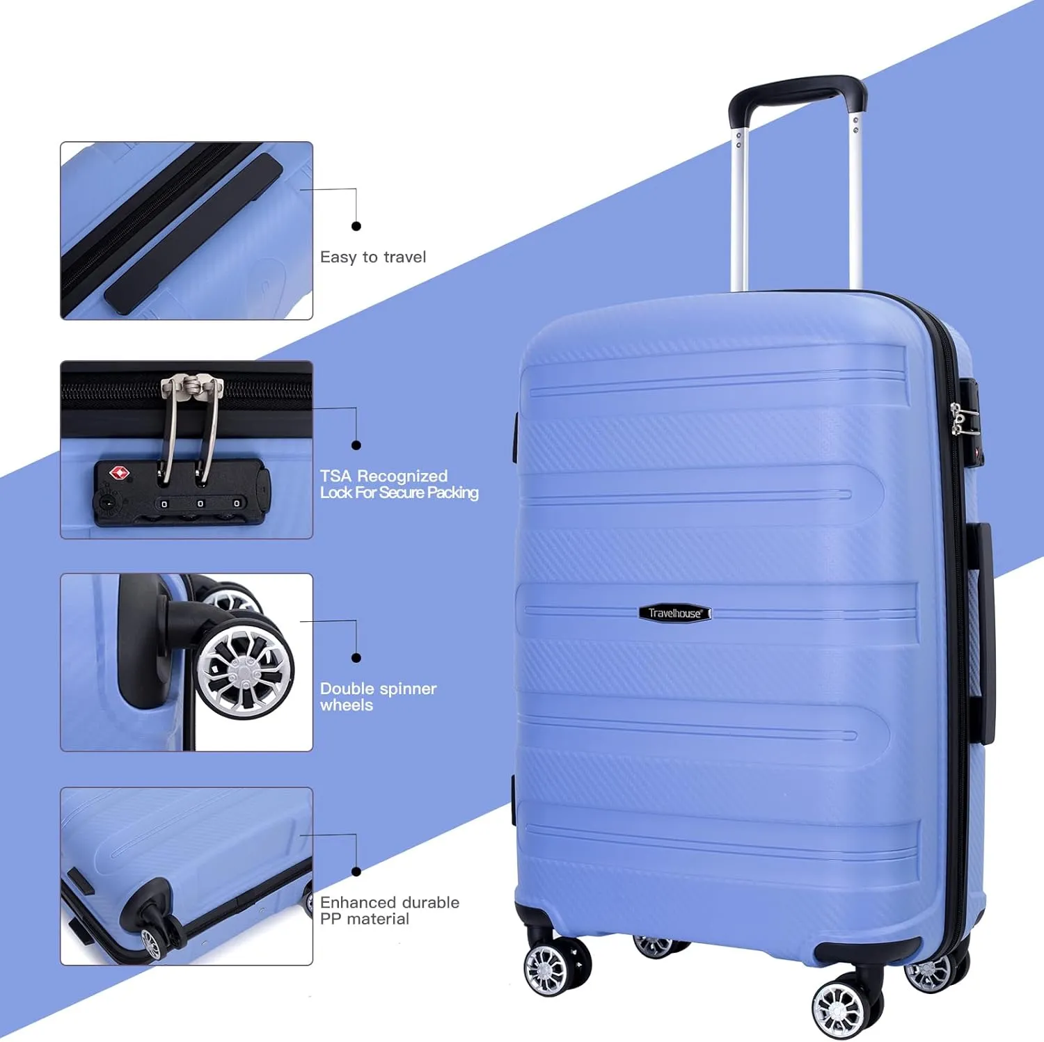 Travelhouse hardshell 3 Piece Set, PP Hard Wheel Suitcase Set with Spinner Wheels, TSA Lock, 202428 Women's Luggage Set (Blue)