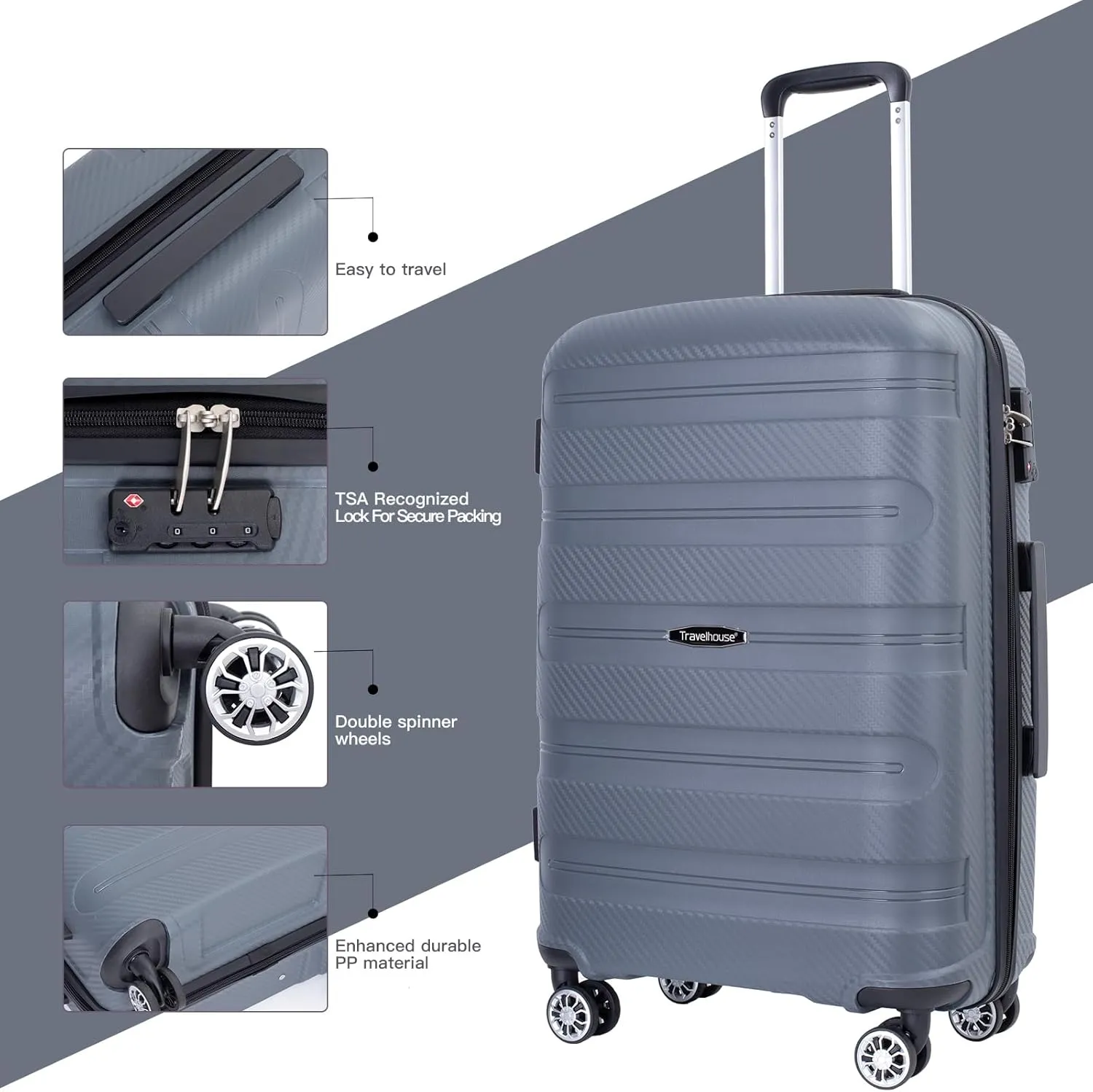 Travelhouse hardshell 3 Piece Set, PP Hard Wheel Suitcase Set with Spinner Wheels, TSA Lock, 202428 Women's Luggage Set (gray)