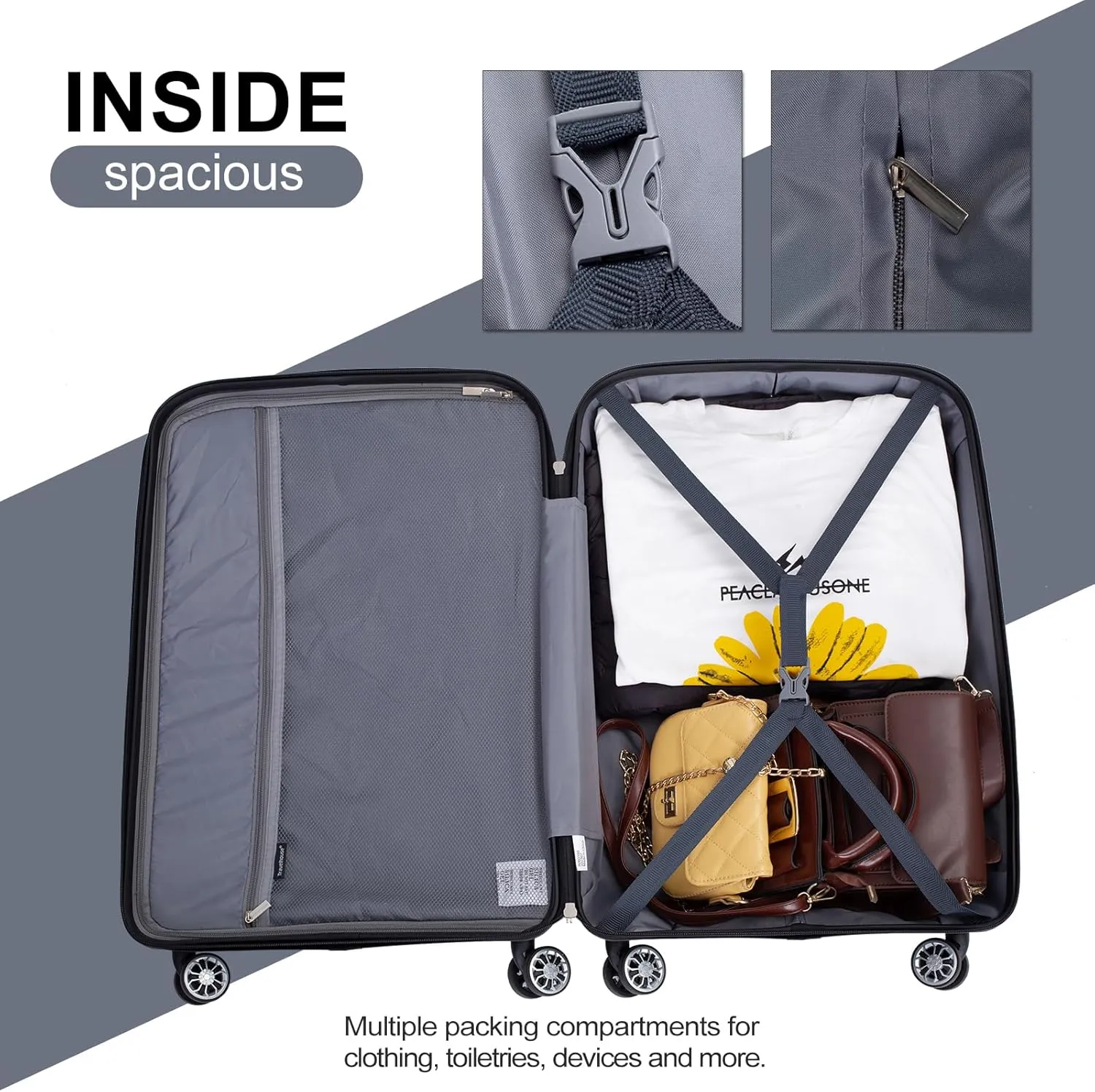 Travelhouse hardshell 3 Piece Set, PP Hard Wheel Suitcase Set with Spinner Wheels, TSA Lock, 202428 Women's Luggage Set (gray)