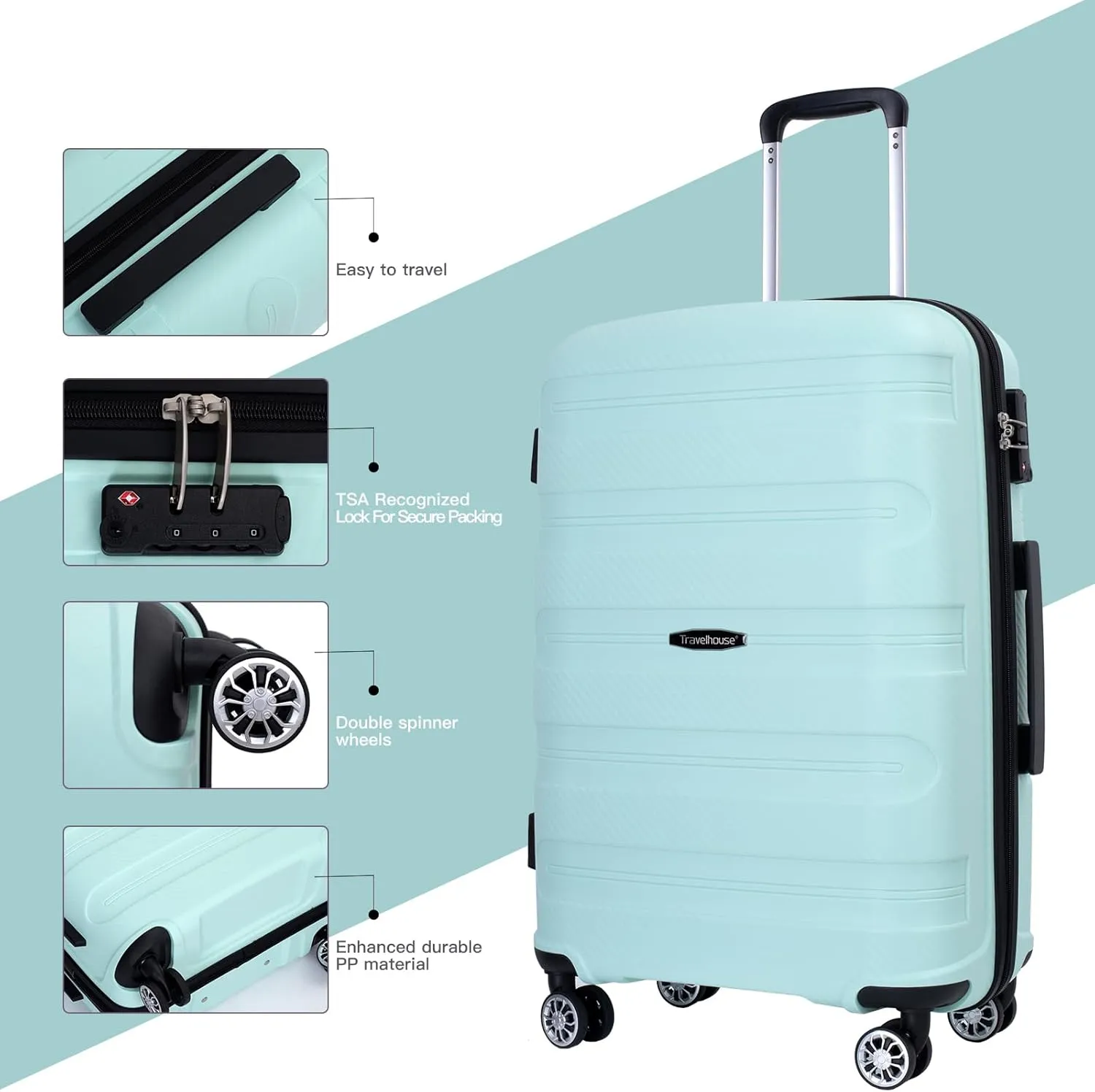 Travelhouse hardshell 3 Piece Set, PP Hard Wheel Suitcase Set with Spinner Wheels, TSA Lock, 202428 Women's Luggage Set (Green)