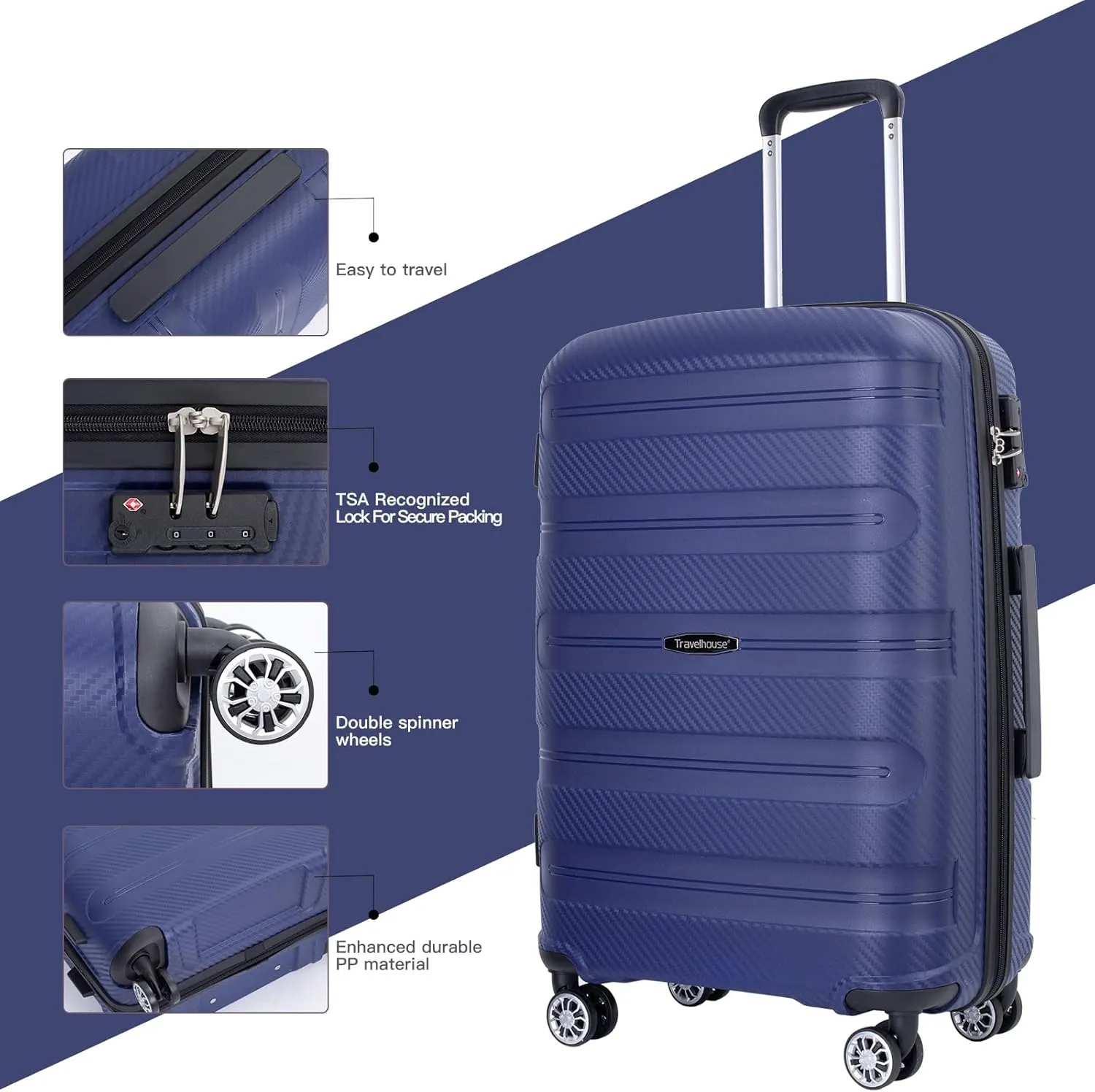 Travelhouse hardshell 3 Piece Set, PP Hard Wheel Suitcase Set with Spinner Wheels, TSA Lock, 202428 Women's Luggage Set (Navy)
