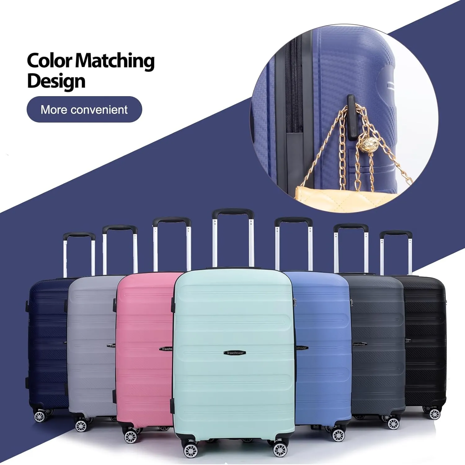Travelhouse hardshell 3 Piece Set, PP Hard Wheel Suitcase Set with Spinner Wheels, TSA Lock, 202428 Women's Luggage Set (Navy)