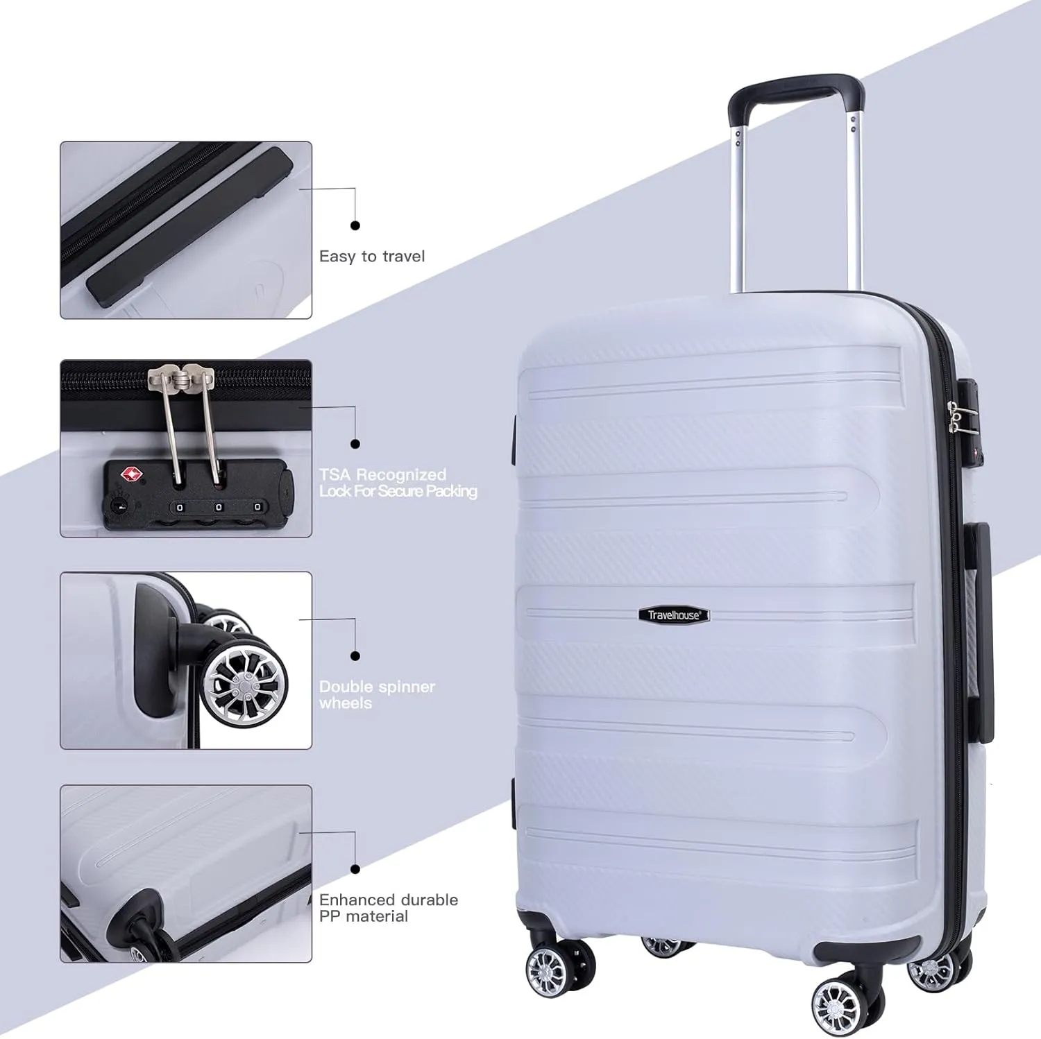 Travelhouse hardshell 3 Piece Set, PP Hard Wheel Suitcase Set with Spinner Wheels, TSA Lock, 202428 Women's Luggage Set (Silver)