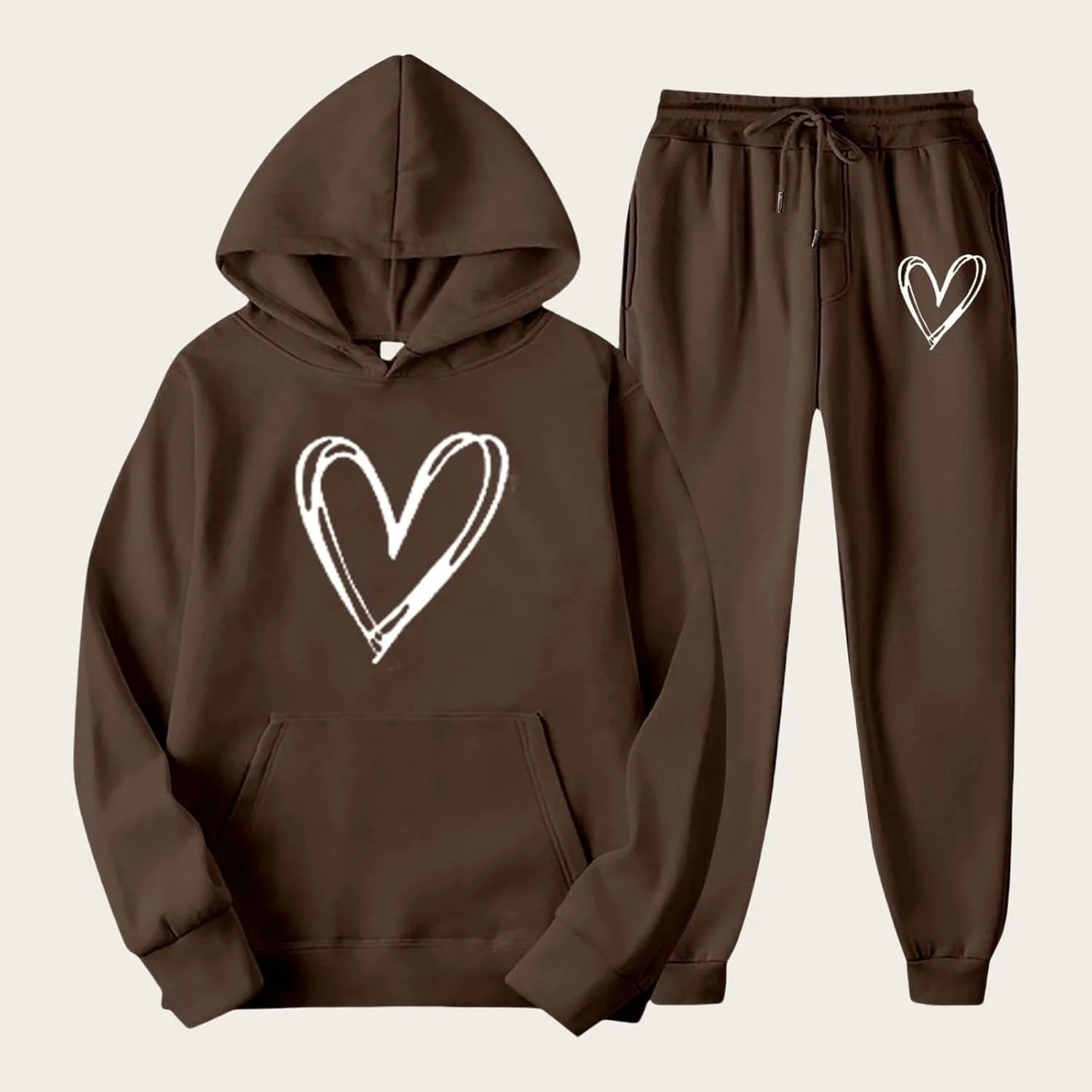 Two Piece Outfits for Women Oversized Heart Printed Pullover Hoodie Casual Sweatpants Tracksuits Lounge Sets