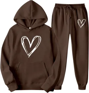 Two Piece Outfits for Women Oversized Heart Printed Pullover Hoodie Casual Sweatpants Tracksuits Lounge Sets