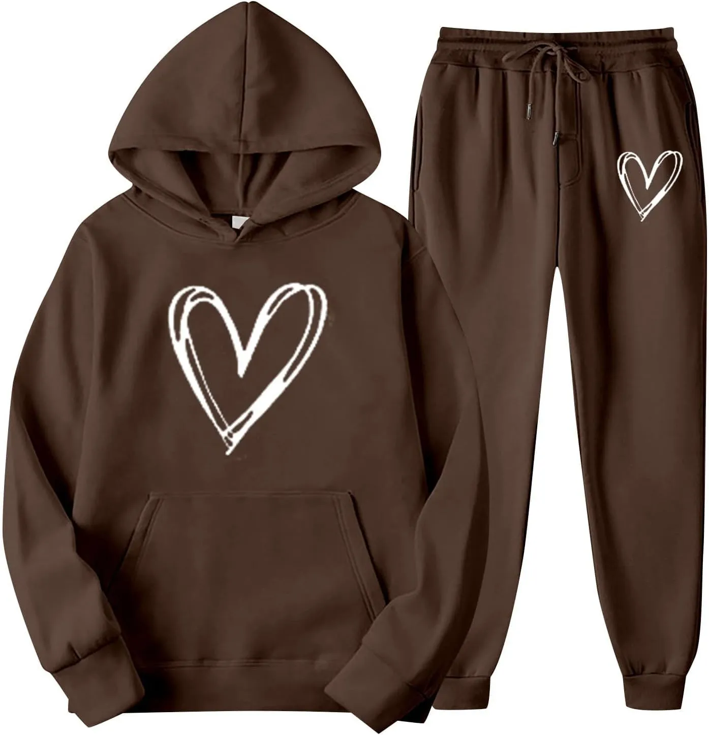 Two Piece Outfits for Women Oversized Heart Printed Pullover Hoodie Casual Sweatpants Tracksuits Lounge Sets